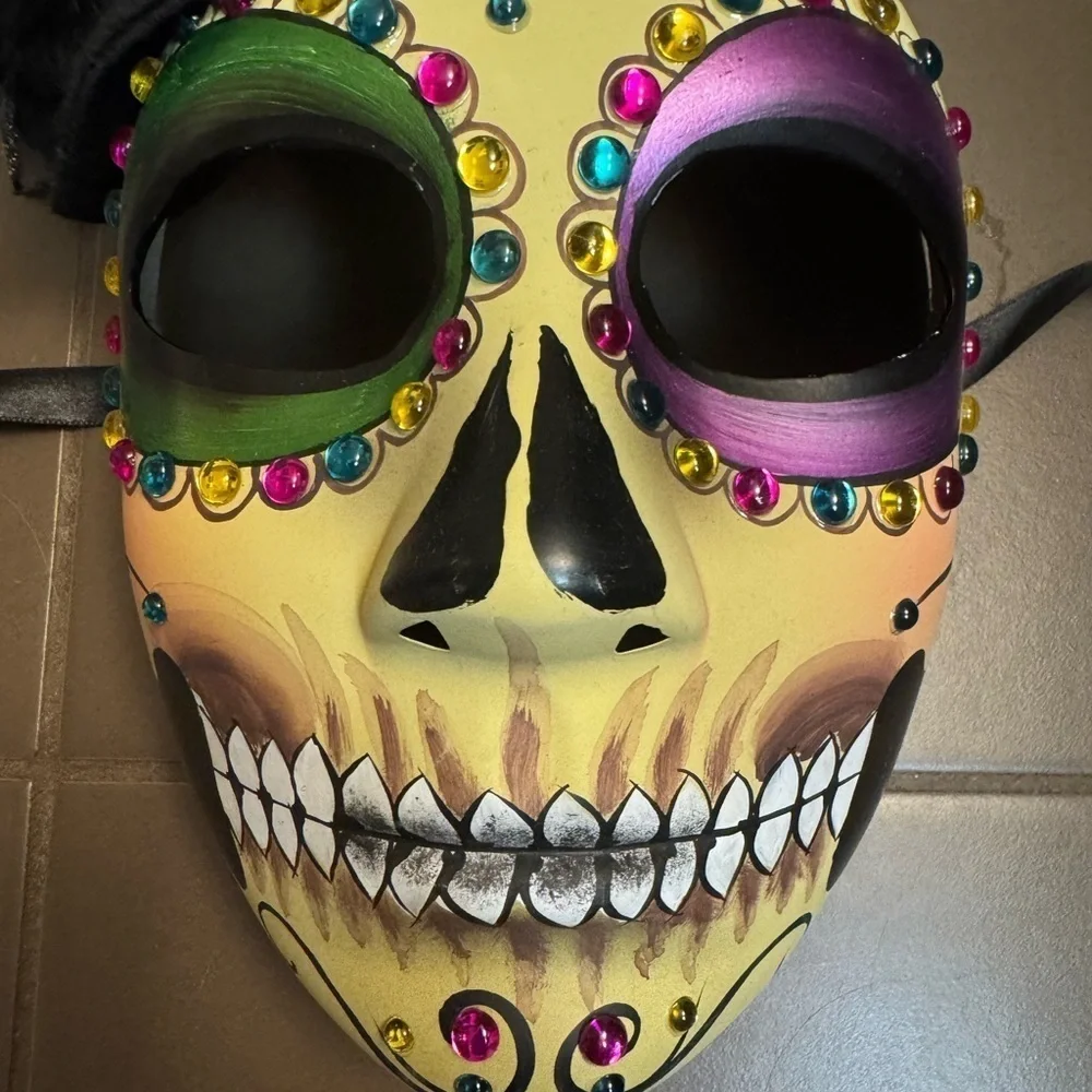 MARDI GRAS Day of the Dead Full Face Mask Top Hat Colorful Tie Back Adult